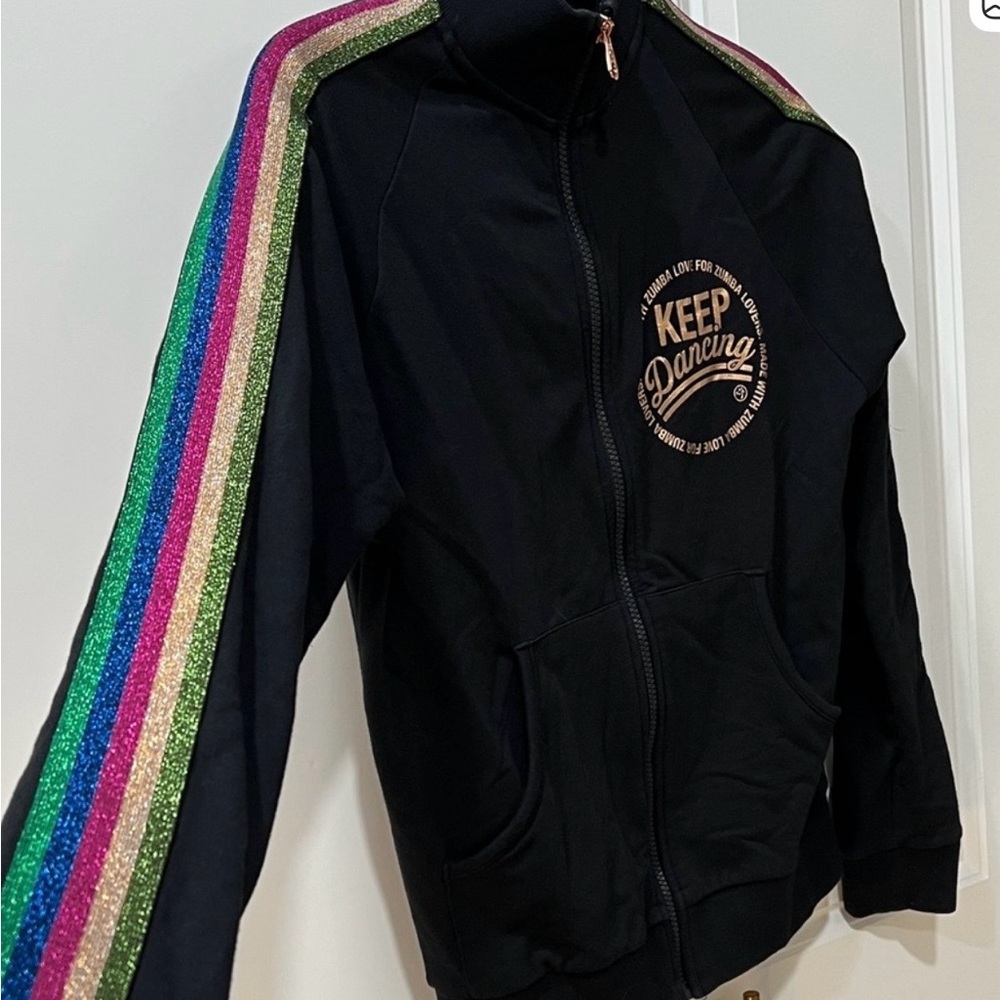 Zumba Fitness Black Bomber Jacket with Rose Gold Foil & Bling Rainbow Stripes